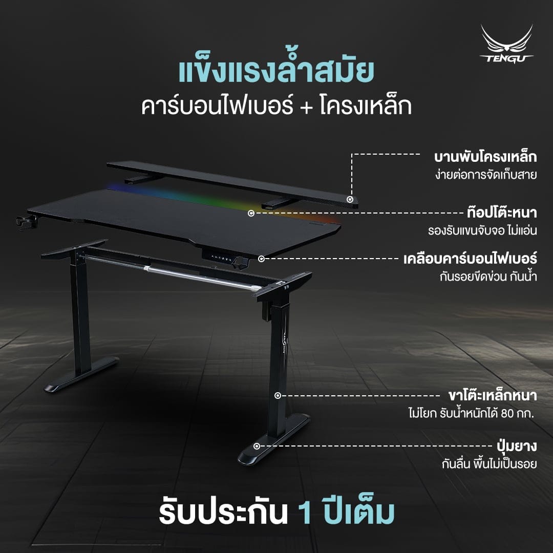โต๊ะเกมมิ่ง ปรับระดับไฟฟ้า TENGUGAMINGGEARS รุ่น KENSHIN1 (D-KN(N)-BB) สีดำล้วน ขนาดหน้าโต๊ะ 140*75*74 ซม. มีไฟRGB_6